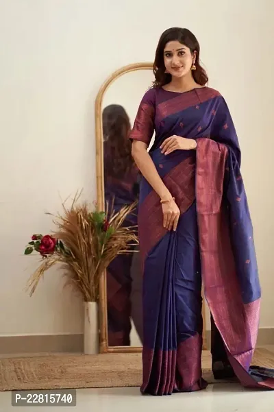 Stylish Blue Silk Blend Saree With Blouse Piece For Women-thumb0