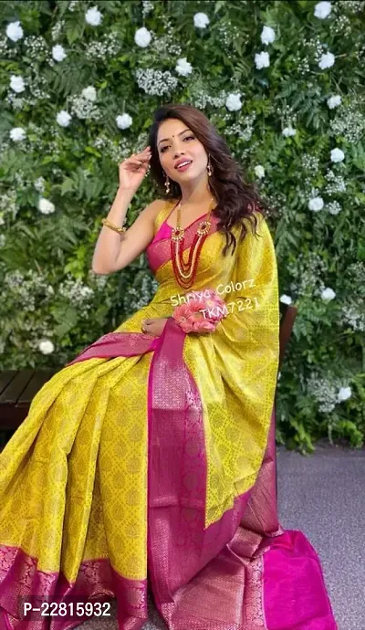 Stylish Yellow Silk Blend Saree With Blouse Piece For Women-thumb3