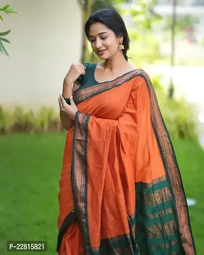 Stylish Orange Silk Blend Saree With Blouse Piece For Women-thumb3