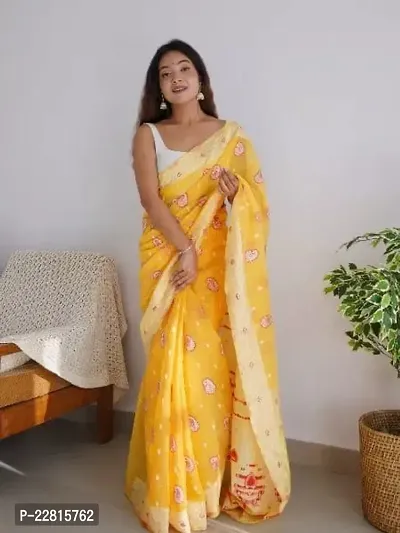 Stylish Yellow Cotton Saree With Blouse Piece For Women-thumb3