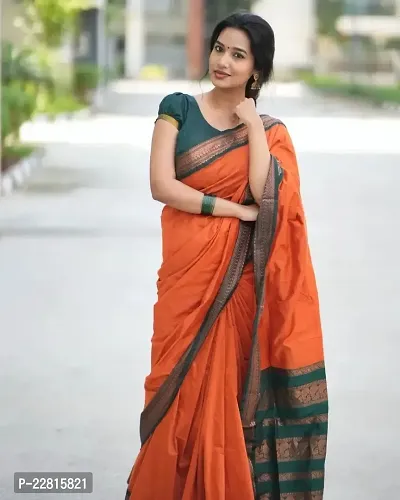 Stylish Orange Silk Blend Saree With Blouse Piece For Women-thumb0