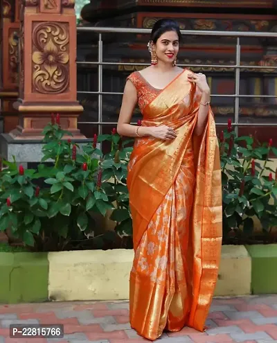 Stylish Orange Silk Blend Saree With Blouse Piece For Women-thumb0