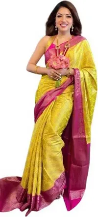 Sunderani Yellow and Pink reach pallu Kanchipuram Banarasi Silk Blend Woven Jacquard Saree for Women (Yellow and Pink)