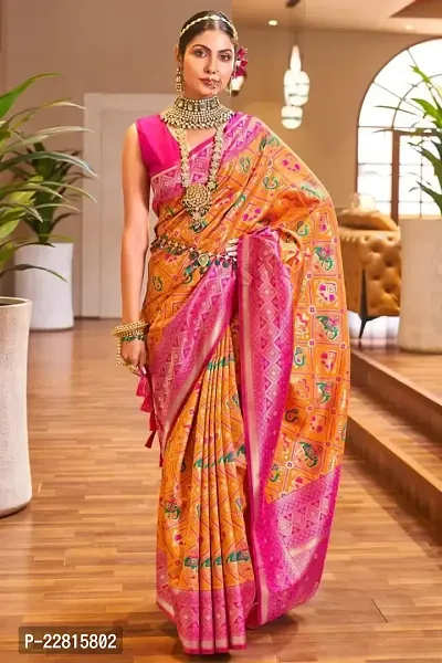 Stylish Orange Silk Blend Saree With Blouse Piece For Women