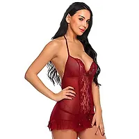 Vastans Women's Net Babydoll Nighty Lingerie Nightwear (Free Size, Maroon)-thumb2