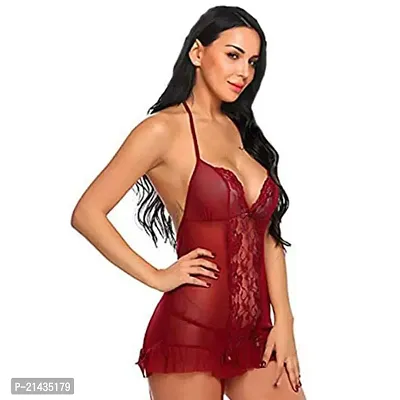 Vastans Women's Net Babydoll Nighty Lingerie Nightwear (Free Size, Maroon)-thumb3