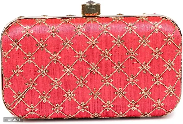Women's Regular Size Embroidered Pink Silk Box Clutcher
