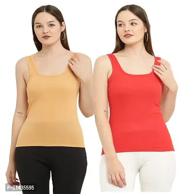 Vastans Cotton Sleeveless Camisole Slip On for Womens (Combo Pack of 2) (Small, Beige  Red)