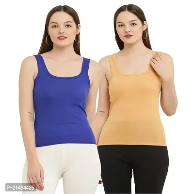 Vastans Cotton Sleeveless Camisole Slip On for Womens (Combo Pack of 2) (Small, Blue  Beige)-thumb0