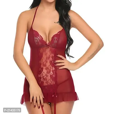 Vastans Women's Net Babydoll Nighty Lingerie Nightwear (Free Size, Maroon)-thumb2