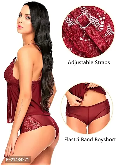 Vastans Babydoll Lingerie Set for Woman Thongs (Free Size, Maroon)-thumb4