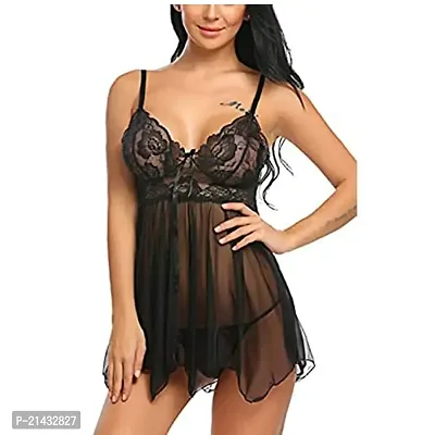 Vastans Women's Lace  Net Solid Knee Length Nightdress with G-String Panty Black