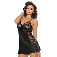 Vastans Women's Sexy Lingerie Satin Lace Sling Nightdress Black-thumb2