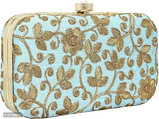 Worthyy Enterprises Vastans Embroidered Party Clutch Bag Sky Blue  Gold for Women-thumb0