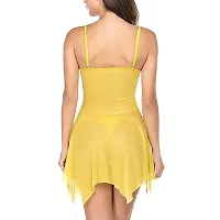 Vastans Women's Lace  Net Solid Knee Length Nightdress with G-String Panty Yellow-thumb2