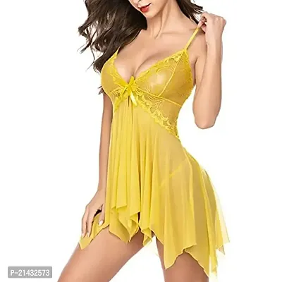 Vastans Women's Lace  Net Solid Knee Length Nightdress with G-String Panty Yellow-thumb2