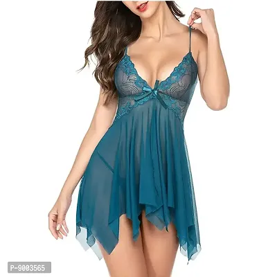 Womens Lace  Net Solid Knee Length Nightdress with G-String Panty Blue-thumb3