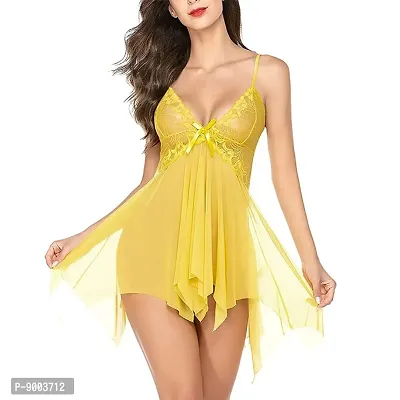 Womens Lace  Net Solid Knee Length Nightdress with G-String Panty Yellow-thumb0