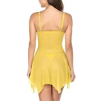 Womens Lace  Net Solid Knee Length Nightdress with G-String Panty Yellow-thumb1