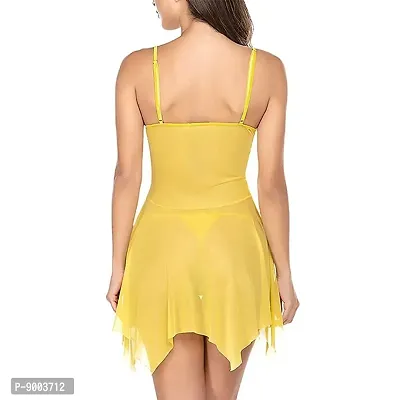 Womens Lace  Net Solid Knee Length Nightdress with G-String Panty Yellow-thumb2