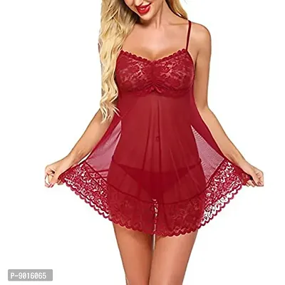 Women Lace Solid Above Knee Babydoll Lingerie Set Maroon-thumb0