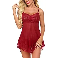 Women Lace Solid Above Knee Babydoll Lingerie Set Maroon-thumb2