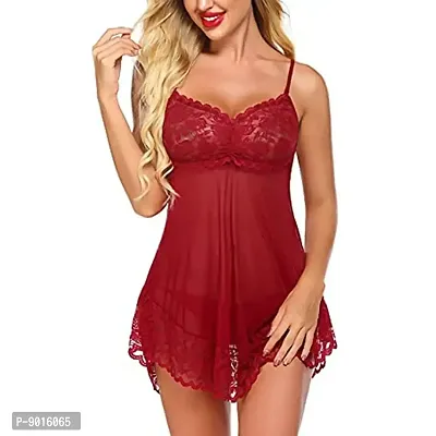 Women Lace Solid Above Knee Babydoll Lingerie Set Maroon-thumb3