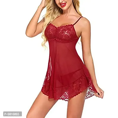 Women Lace Solid Above Knee Babydoll Lingerie Set Maroon-thumb4