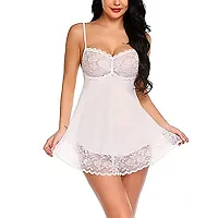 Enterprises Women Lace Solid Above Knee Babydoll Lingerie Set White-thumb2