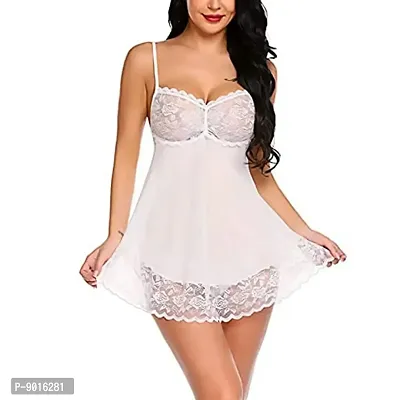 Enterprises Women Lace Solid Above Knee Babydoll Lingerie Set White-thumb3