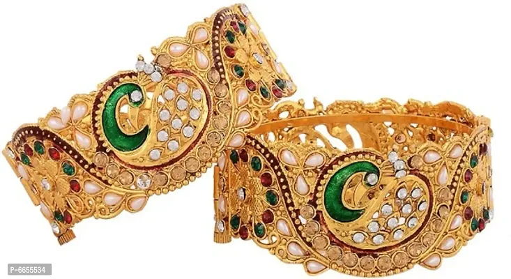 Attractive Golden Plated Muticolor American Diamond and Kundan Studded Bangle Set