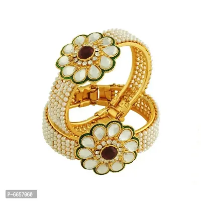 Golden Plated Pearl Style Flower Shape Bangle Set for Women and Girls