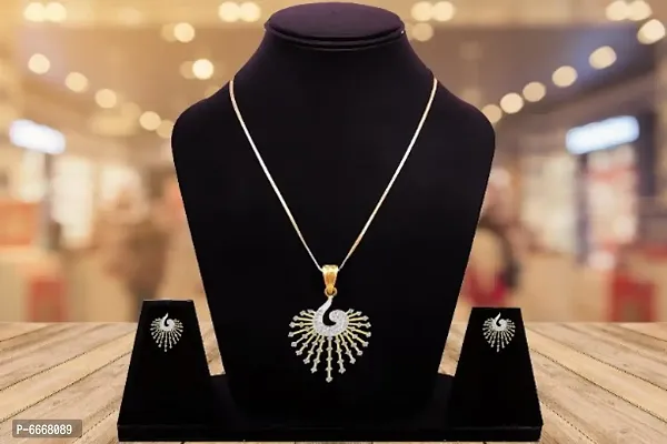 Gold Plated American Diamond Pendnat Necklace Set With Earring-thumb5