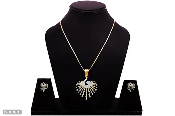 Gold Plated American Diamond Pendnat Necklace Set With Earring