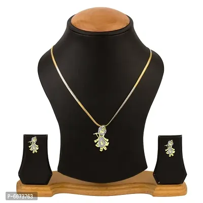 Gold Plated American Diamond Beautiful Lord Krishna Pendant Set With Earring For Girl and Women-thumb0
