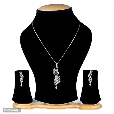 Gold Plated American Diamond Stylish Fancy Peacock Shape Pendant Set With Earring for girl and women