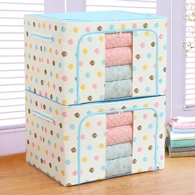 Storage Boxes for Clothes Cover Steel Frame Double Opening Zipped Storage Cloth Organiser Bag for Under Bed Closet Wardrobe Clothes Covers (66 Ltr, 2 Piece)