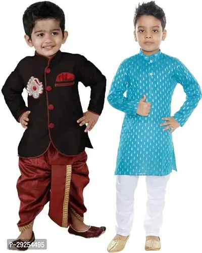 Stylish Art Silk Kurta Pajama Dhoti Ethnic Combo Set For Boys Pack Of 2-thumb0