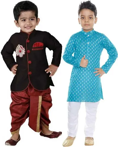 Stylish Art Silk Kurta Pajama Dhoti Ethnic Combo Set For Boys Pack Of 2