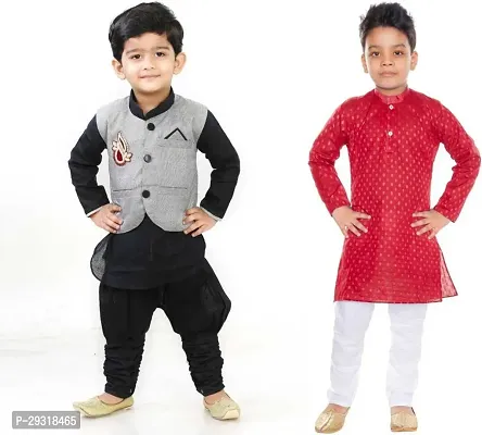 Stylish Art Silk Printed Ethnic Kurta Pajama With Dhoti Set For Boys Pack Of 2