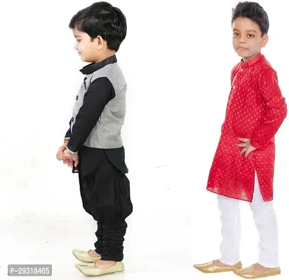 Stylish Art Silk Printed Ethnic Kurta Pajama With Dhoti Set For Boys Pack Of 2-thumb2