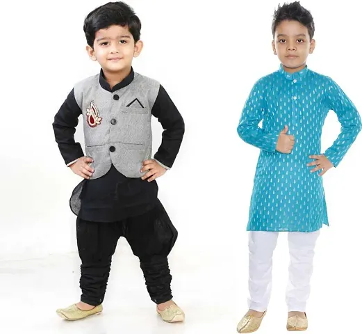 Stylish Art Silk Ethnic Kurta Pajama With Dhoti Set For Boys Pack Of 2