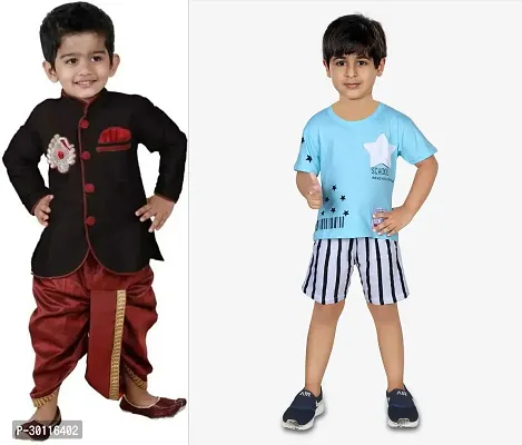 Stylish Multicoloured Cotton Blend Ethnic Clothing Set For Boys Combo Of 2