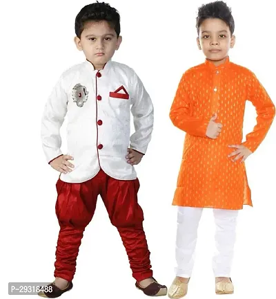 Stylish Art Silk Printed Ethnic Kurta Pajama With Dhoti Set For Boys Pack Of 2