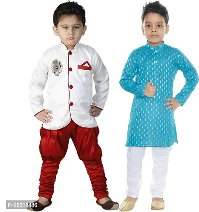 Stylish Art Silk Printed Ethnic Kurta Pajama With Dhoti Set For Boys Pack Of 2-thumb0