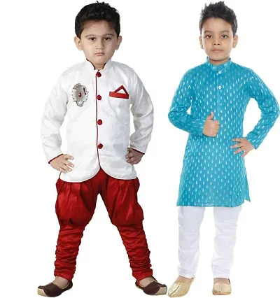 Stylish Art Silk Ethnic Kurta Pajama With Dhoti Set For Boys Pack Of 2