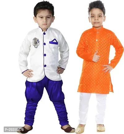 Stylish Art Silk Printed Ethnic Kurta Pajama With Dhoti Set For Boys Pack Of 2