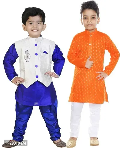 Stylish Art Silk Printed Ethnic Kurta Pajama With Dhoti Set For Boys Pack Of 2