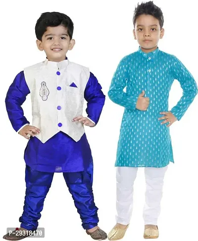 Stylish Art Silk Printed Ethnic Kurta Pajama With Dhoti Set For Boys Pack Of 2