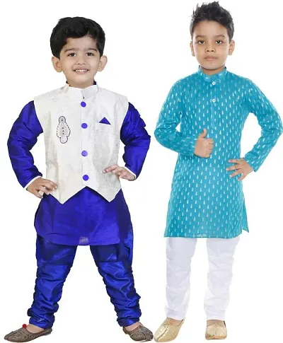 Stylish Art Silk Ethnic Kurta Pajama With Dhoti Set For Boys Pack Of 2